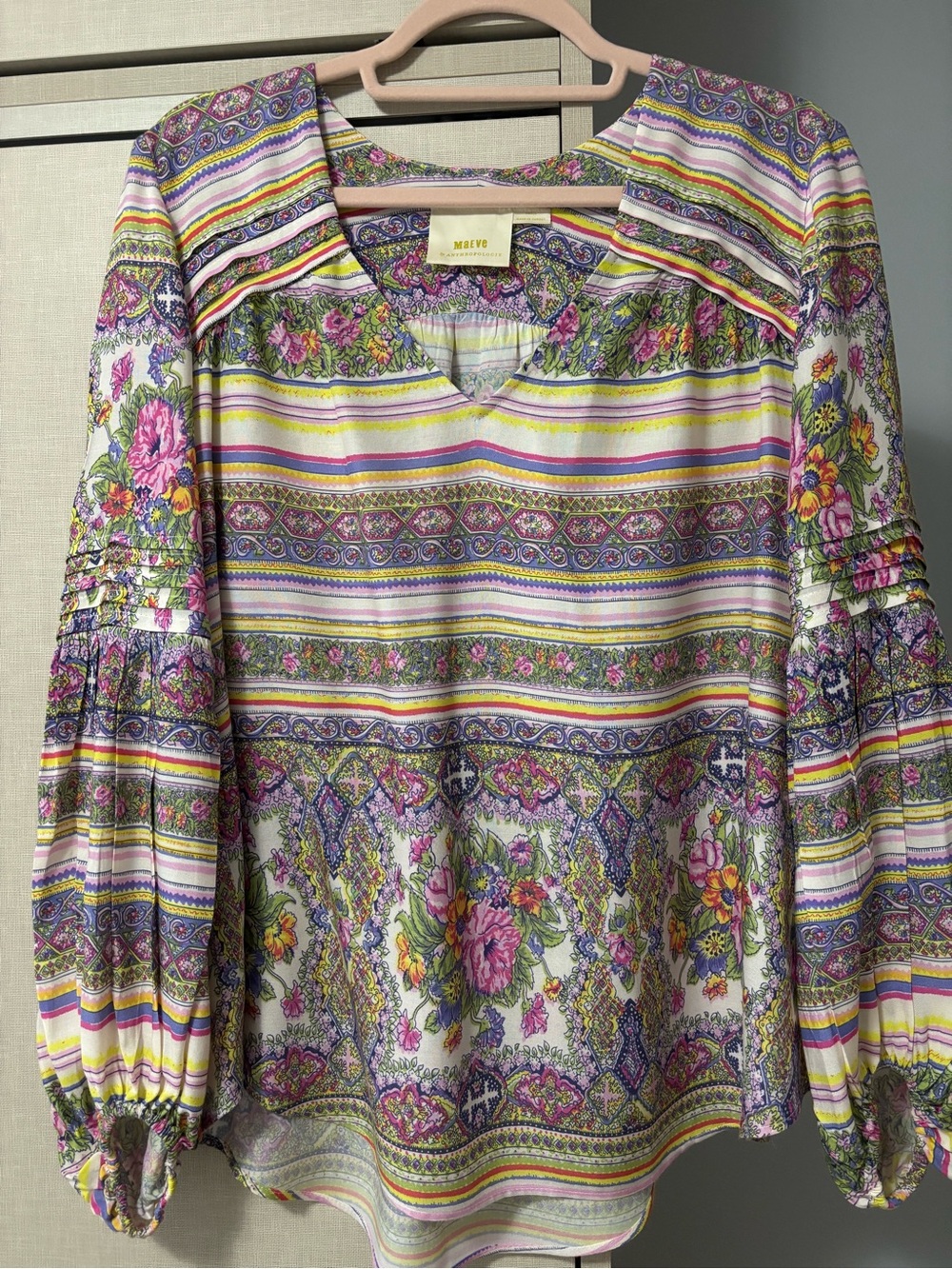 Anthropologie Maeve size S  Floral Stripe V-Neck Peasant Blouse - Picture 3 of 6